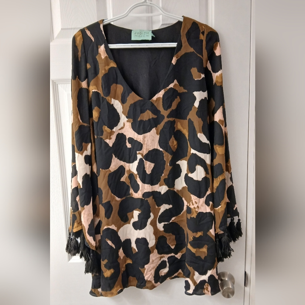 Judith March Animal Print Tassel Bell Sleeve Mini Dress Size Small Made in USA